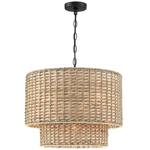 Lennie 20 in. 4-Light Rattan Tiered Drum Chandelier Light with Black Canopy - 20 in. W