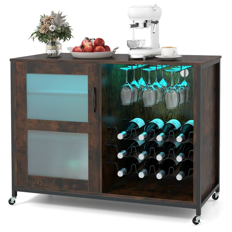 Gymax Wine Bar Cabinet w/ Wheels LED Lights Storage Shelves Glass - Brown