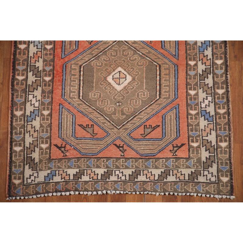 Hand Knotted Oriental 100% Wool Carpet Traditional Tribal Coral Hamedan Runner Rug - 13' 2'' X 3' 5''