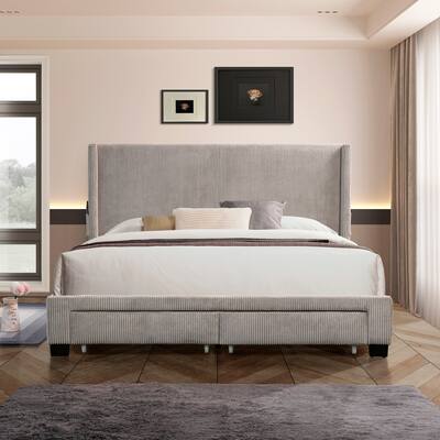 Stripe Velvet Queen Footboard Drawer Upholstered Wingback Bed