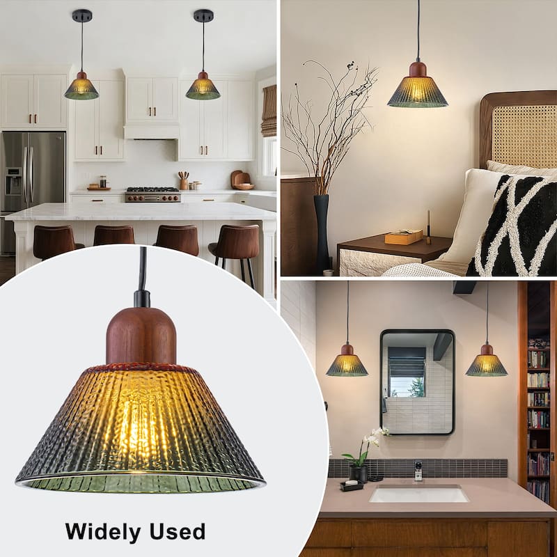 7.48" 1-Light Vintage Pendant Light Wood Accents Gradient Glass Shade - Dia.7.5-in