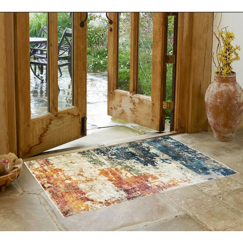 Cewe Distressed Abstract Modern Stain Resistant Woven with Fringe Area Rug By HomeRoots - 39' X '25' X '0.39 - Cream/Onyx - Rectangle