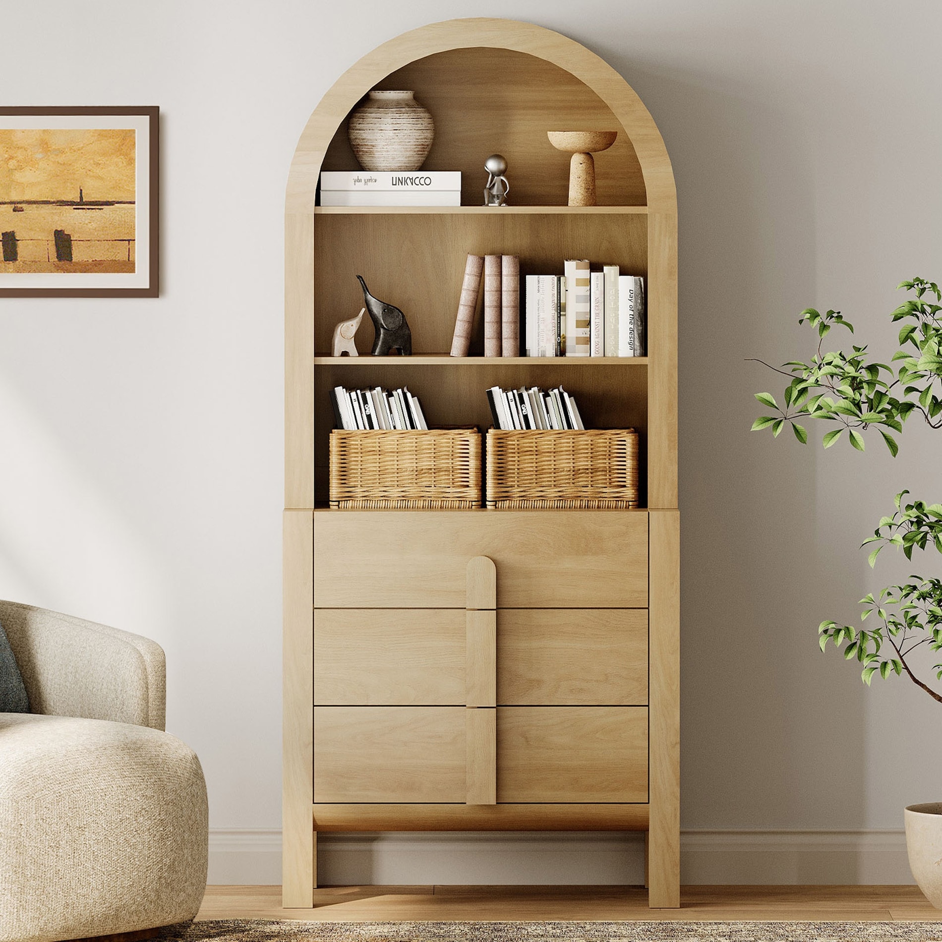 71" Tall Arched Bookshelf, Modern 3 Tier Bookcase with Open Storage, Wooden Display Cabinet with Drawer and Adjustable Shelves