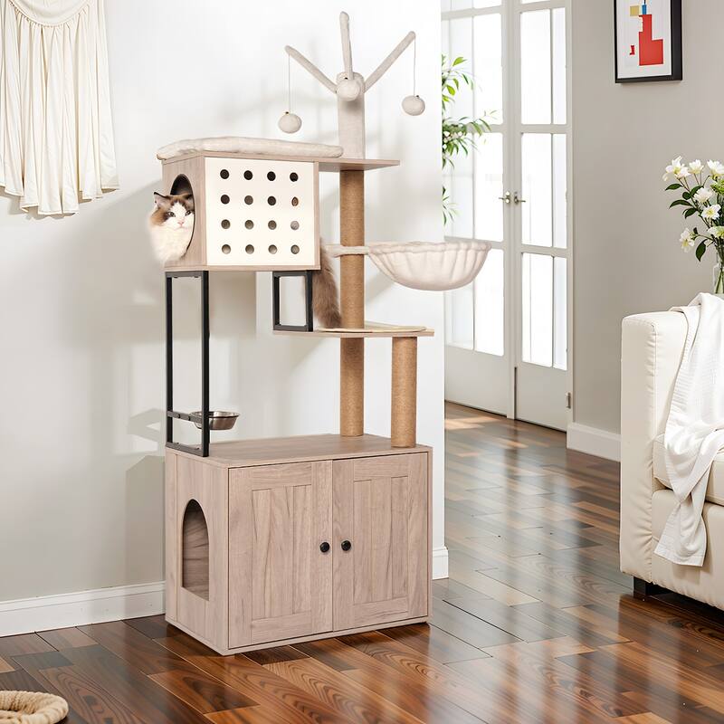 Cat Tree with Litter Box Enclosure - Modern Cat Condo with Scratching Posts, Feeding Bowl & Removable Pompom Sticks - White+gray