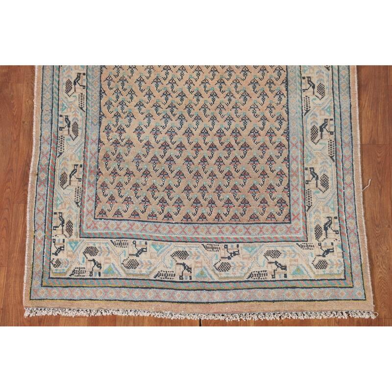 Geometric Botemir Persian Vintage Runner Rug Handmade Wool Carpet - 3'5" x 10'2"