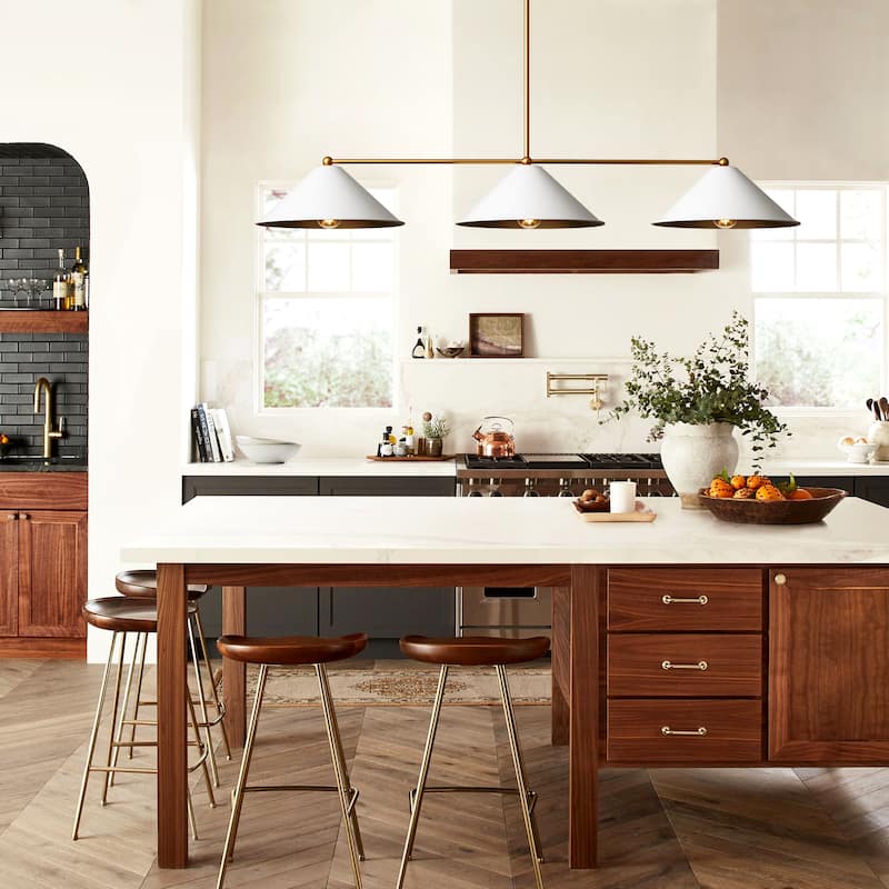 3-Light Mid-Century Modern Black/White Linear Cone Large Chandelier for Dining Room and Kitchen Island