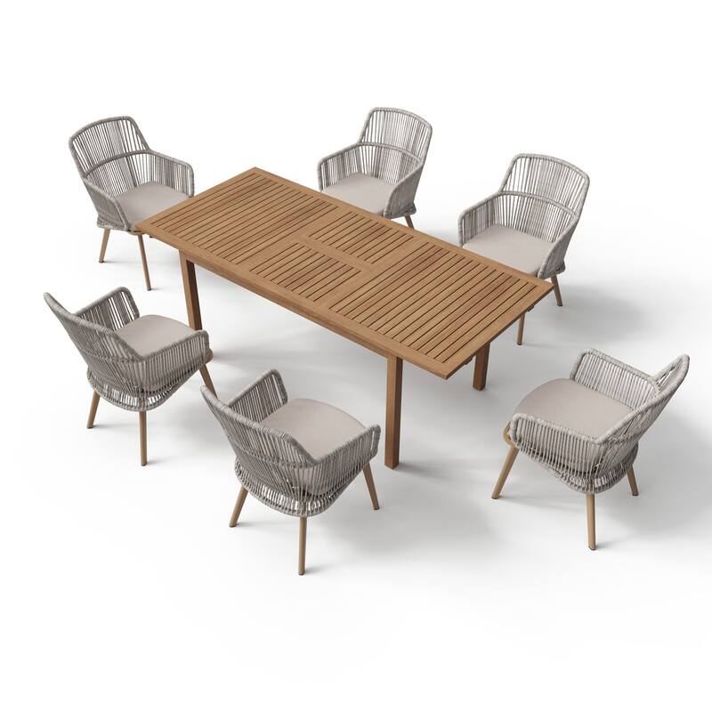 Outdoor Patio Dining Set PE Wicker Arm Chair and Extendable Dining Table (7-Piece Set)