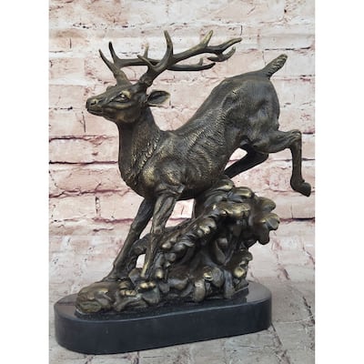 Running Deer Elk Buck Stag Caribou Reindeer Bronze Metal Sculpture Statue 11 Inches X 10 Inches
