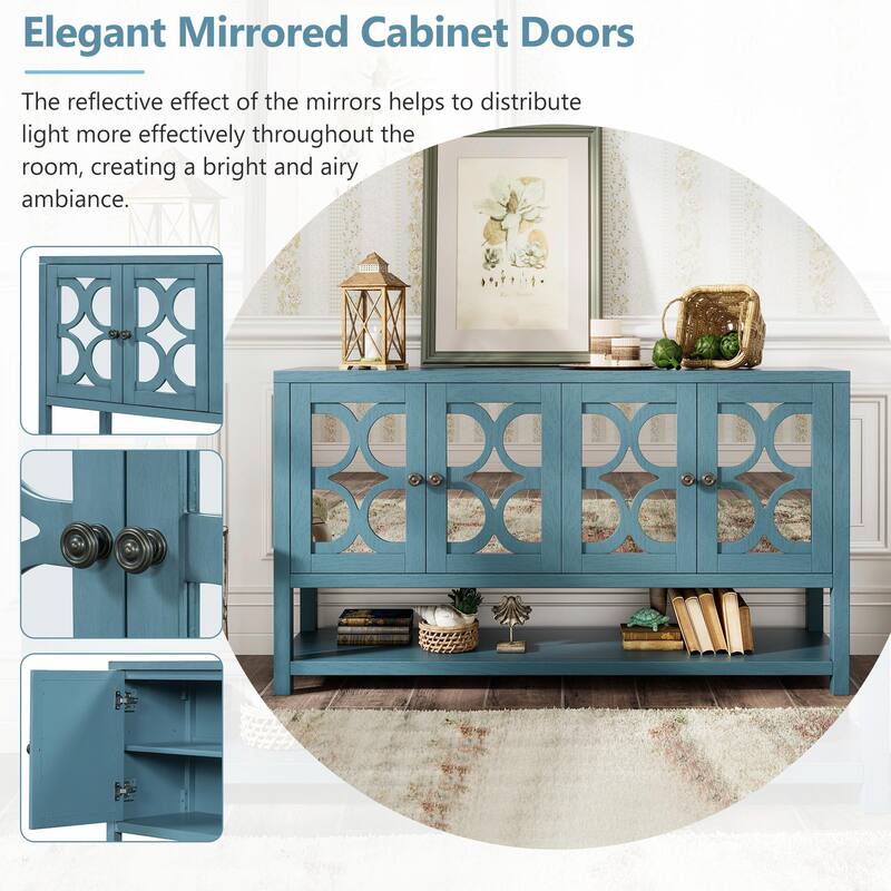 Elegant Retro Console Table with Mirrored Doors, Spacious Shelves and Durable Acacia Wood Legs