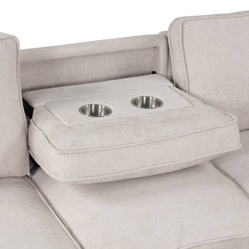 Upholstery Sleeper Sectional Sofa with Storage and 2 Cup Holder, Modern Corner Sectional with Pull-Out Sleeper and USB port