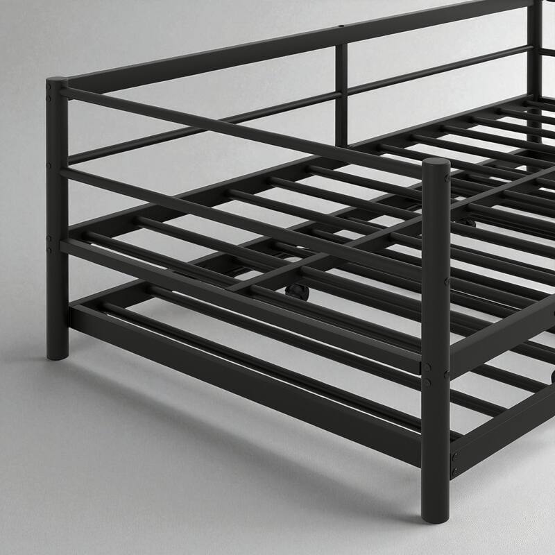 Twin Size Metal Daybed with Adjustable Pop-Up Trundle and LED Light Strip