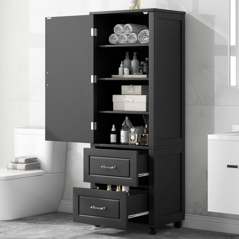 Freestanding Bathroom Storage Cabinet with Two Drawers and Adjustable Shelf - Black