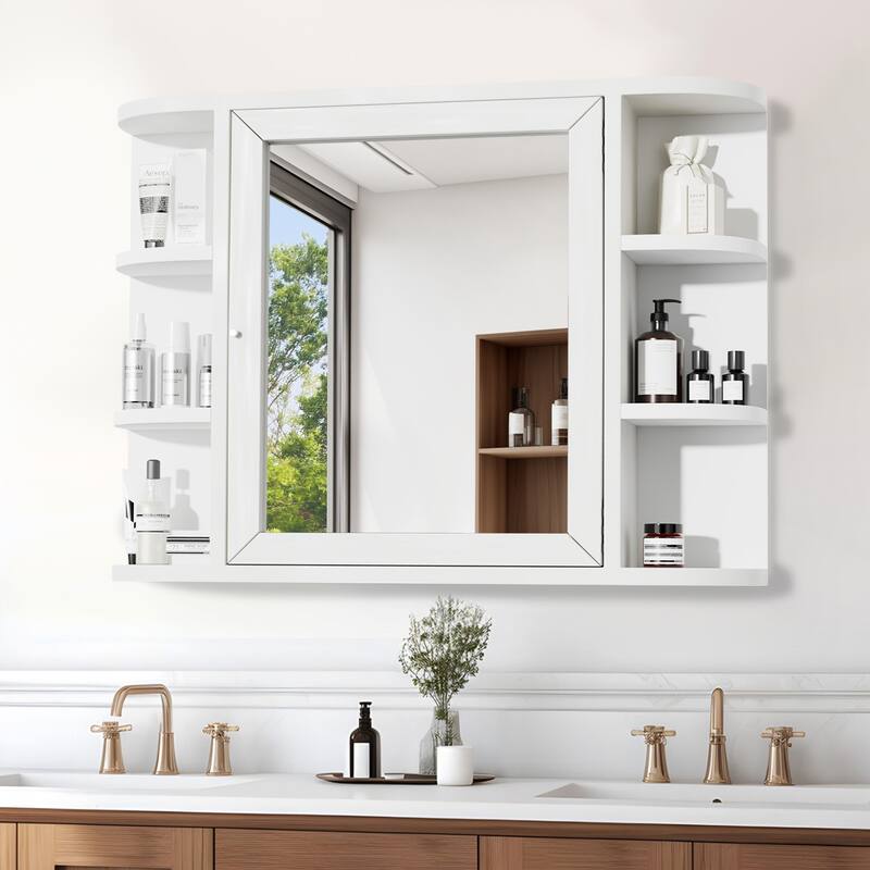 Wooden Bathroom Medicine Cabinet with Mirror Wall Mirror Storage Cabinet with Doors and 6 Open Shelves for Over Sink