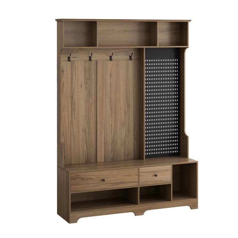 Modern Minimalist Coat Rack, Entry Bench with Linen Cushioned , Storage Shelf, DIY Pegboard, for Entrance and Hallway, Black