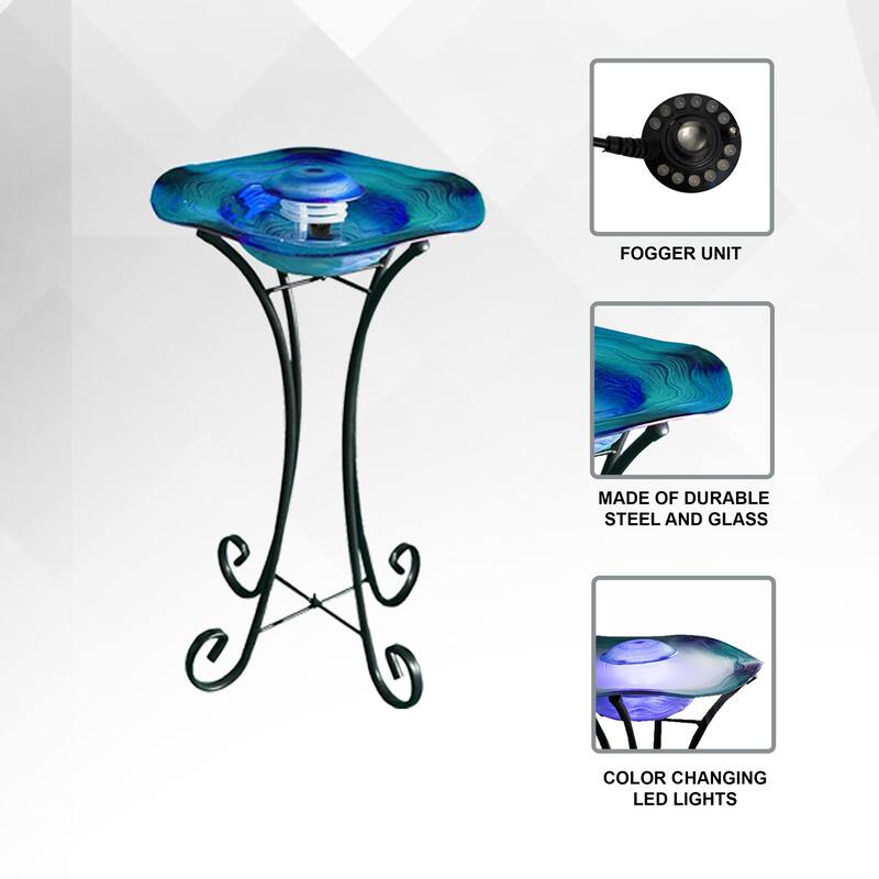 27in Tall Floor Mist Fountain with LED Lights and Inline Control - Blue Glass and Metal Design, Blue Freestanding Mist Fountain