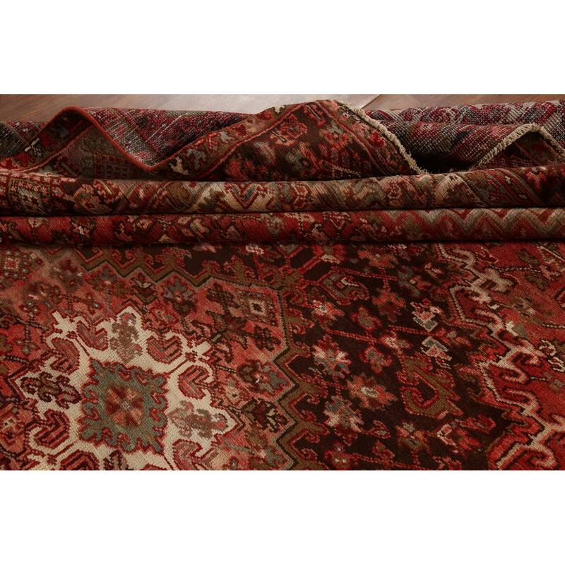 Red Geometric Heriz Persian Vintage Area Rug Handmade Wool Carpet - 9'10"x 12'8"
