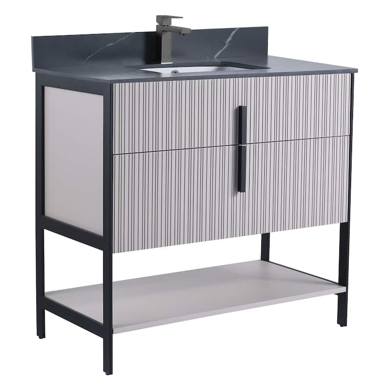 Fine Fixtures Serenity Modern Bathroom Vanity with Black Sintered Stone Top - Bright Taupe - Black Hardware - 36 inch