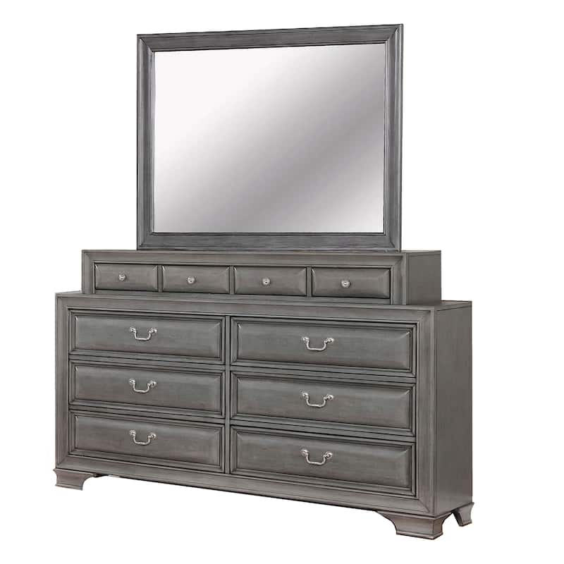 Lio Four Piece Queen Size Bedroom Set, Gray Wood Inlay Design, Nickel Metal Handles