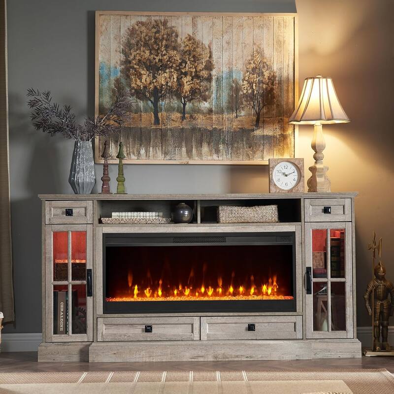 Fireplace TV Stand for 80 Inch TV, Entertainment Center,Media Console - Light Rustic Oak