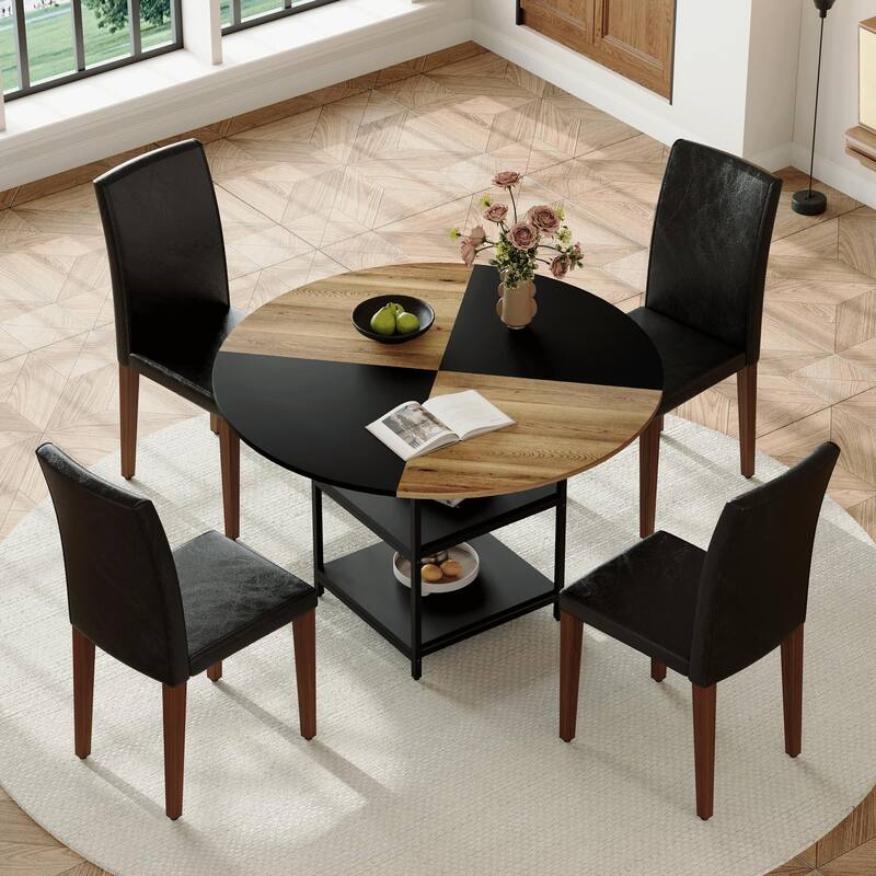 Table and chair set, diameter modern spliced color circular dining table - double-layer storage,Paired With 4 PU dining chairs