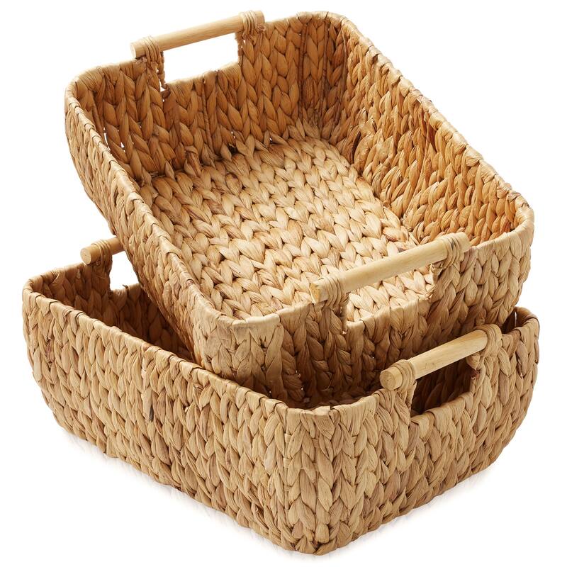 Hyacinth Seagrass Oval Storage Baskets with Wooden Handles Woven Bins