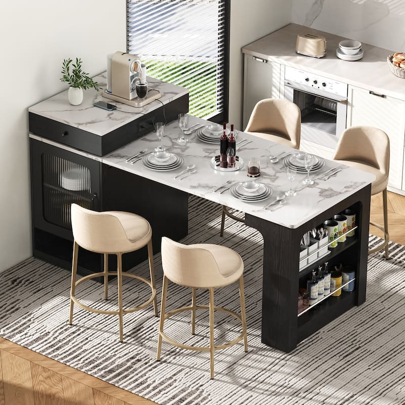Kitchen Island with Extendable Dining Table, Kitchen Storage Table with 2 Drawers, Power Outlet, Open Shelves, for Diningroom