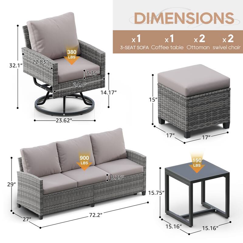 6-Piece Wicker Patio Conversation Set with Swivel Chairs