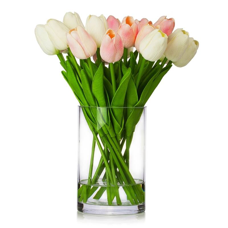 Enova Home 20 Pieces Artificial Real Touch Tulips Fake Silk Flowers Arrangement in Glass Vase with Faux Water for Home Decor - White Pink