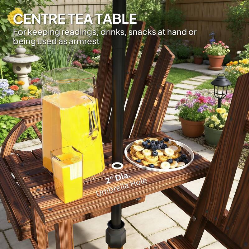 GDFStudio Outdoor Rhiannon Fir Wood Wagon Wheel Garden Bench with Center Table and Parasol Hole