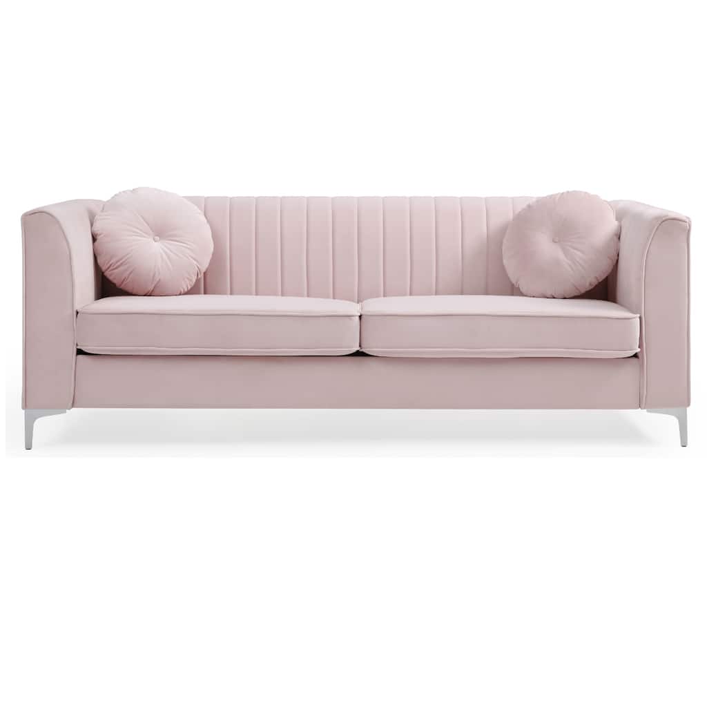 Channel Tufted Velvet 2-Seater Sofa with Throw Pillows - 87" - Pink