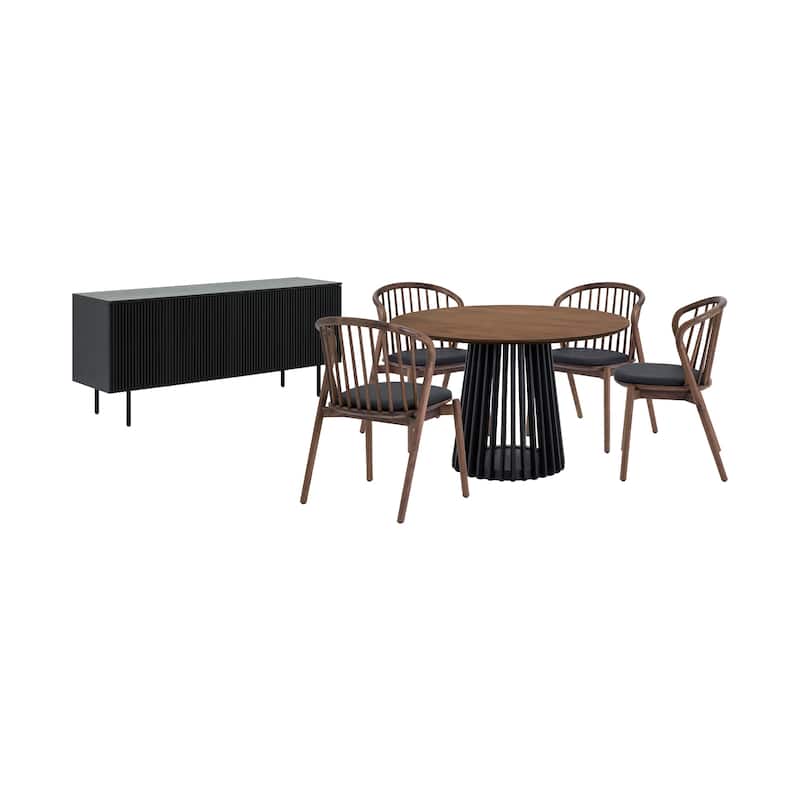 HomeRoots Six Piece Brown and Black Round Dining Set with Four Chairs and Sideboard