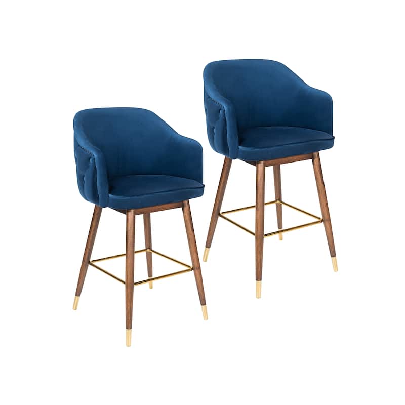 Porthos Home Orla Velvet Upholstered Bar Stools with Rubberwood Legs, Set of 2 - Blue