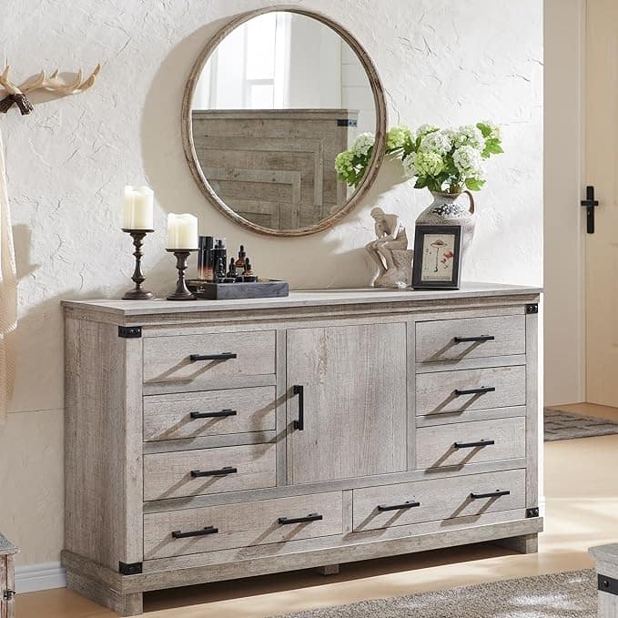 Farmhouse 8 Drawer Dresser, Wood Long Chest of Drawers, Closet Dresser - Light Rustic Oak