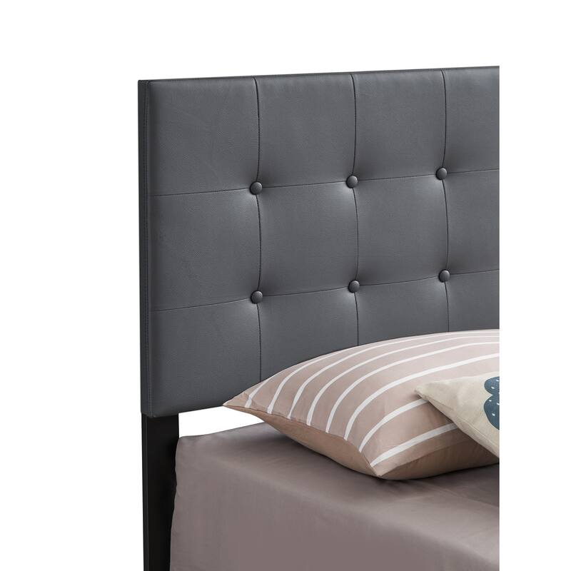 Grey Twin Bed - Button Tufted Faux Leather Headboard, Solid Wood Frame - 42"L x 77"W x 48"H