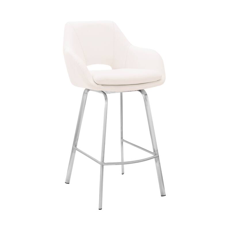 30 Inch Swivel Bar Height Stool with Arms and Low Back Fabric Seat Iron Legs for Kitchen Island - 41”H x 22”W x 23”D - White and Silver