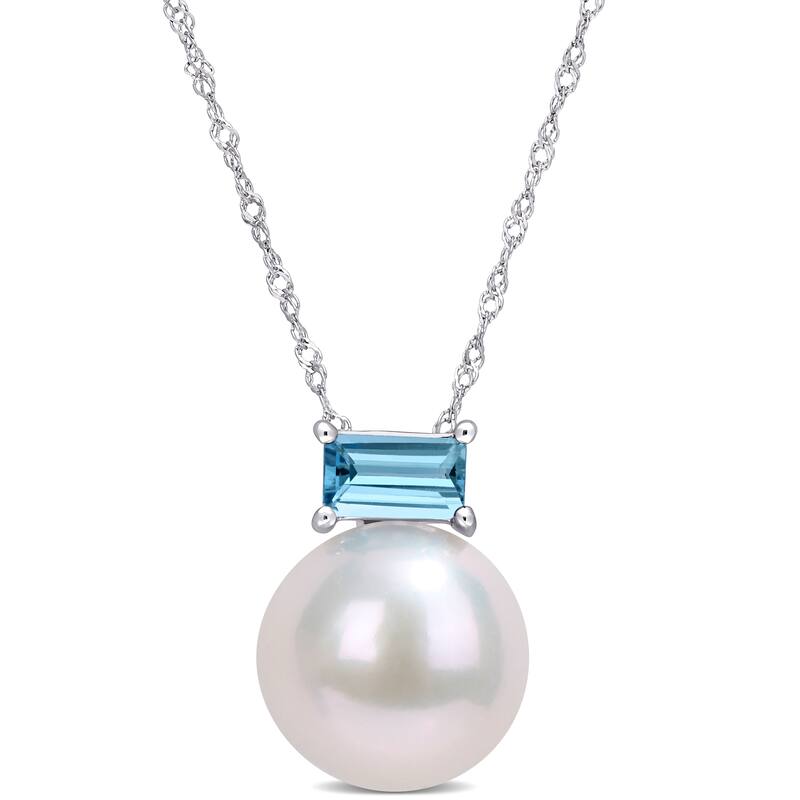 Miadora 10k White Gold Freshwater Cultured Pearl & London-Blue Topaz Solitaire Necklace (11-12mm) - 15.7 mm x 17 inch x 11.5 mm