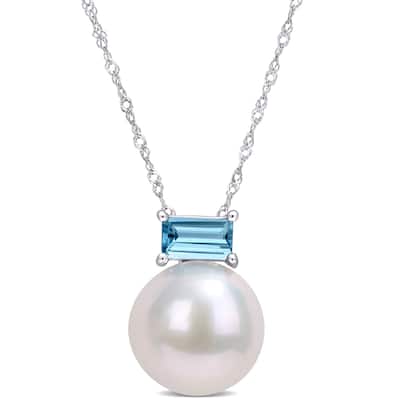 Miadora 10k White Gold Freshwater Cultured Pearl & London-Blue Topaz Solitaire Necklace (11-12mm) - 15.7 mm x 17 inch x 11.5 mm