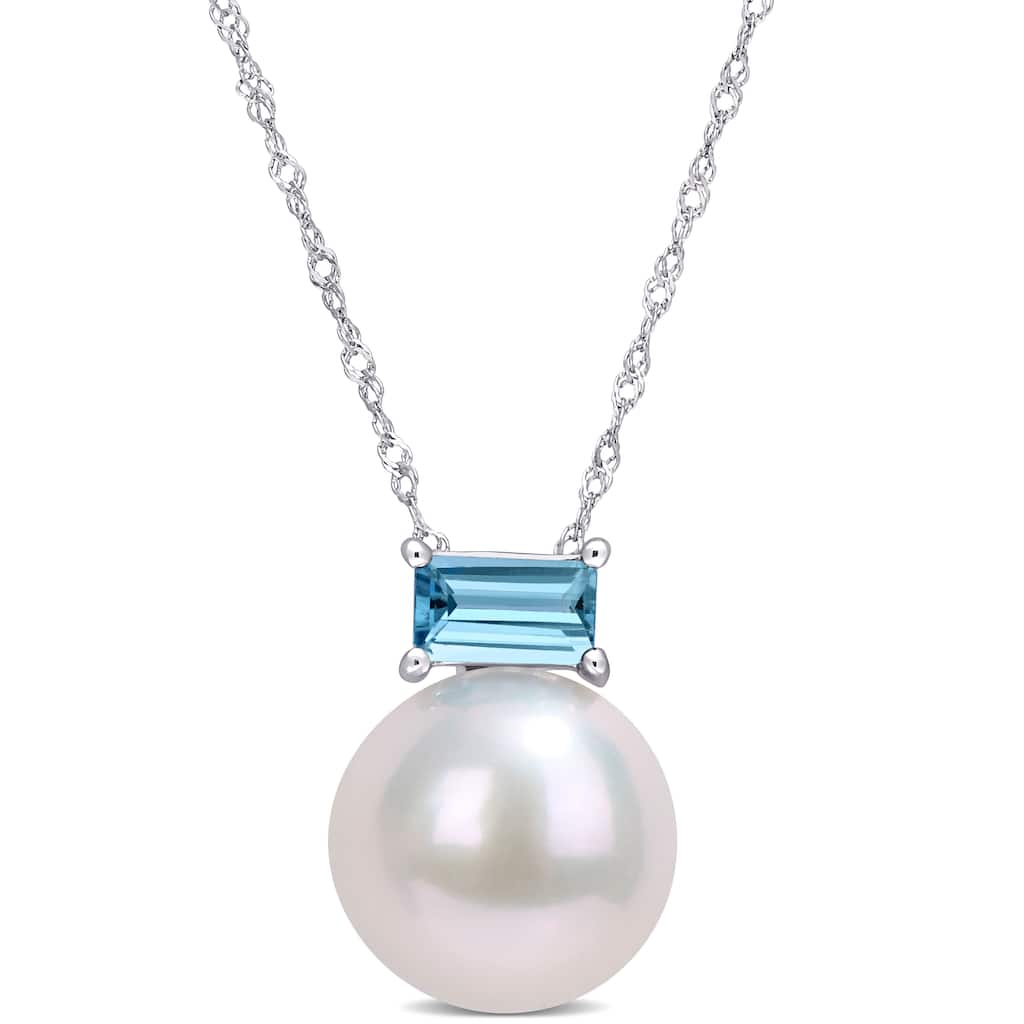 Miadora 10k White Gold Freshwater Cultured Pearl & London-Blue Topaz Solitaire Necklace (11-12mm) - 15.7 mm x 17 inch x 11.5 mm