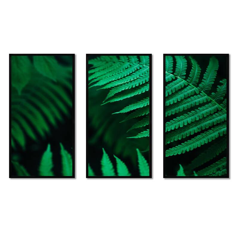 Designart "Dark Green Fern Leaf On Black III" Tropical Framed Wall Decor Set of 3 - 4 Colors of Frames