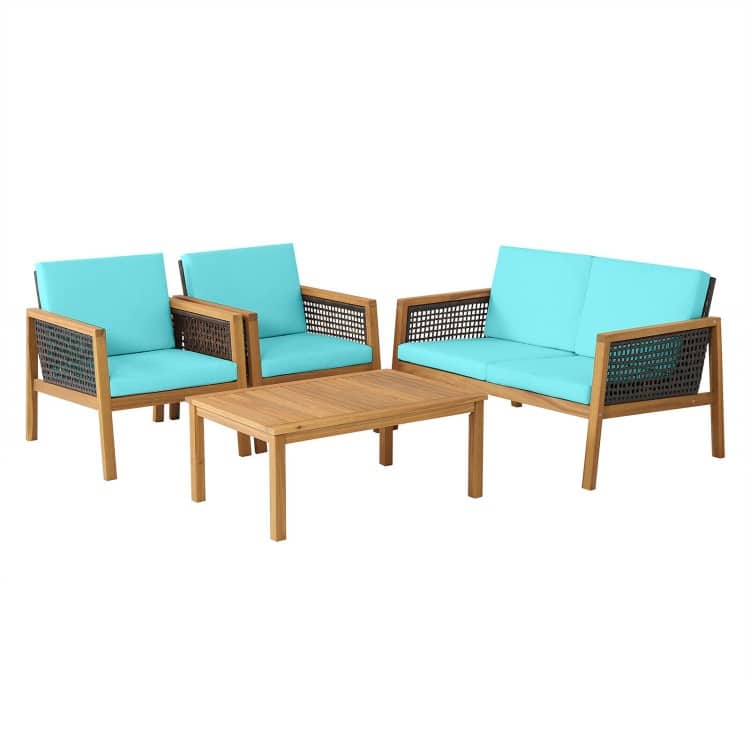 4 Pieces Patio Rattan Furniture Set with Removable Cushions - 30.5" x 48" x 29" (L x W x H) - Turquoise