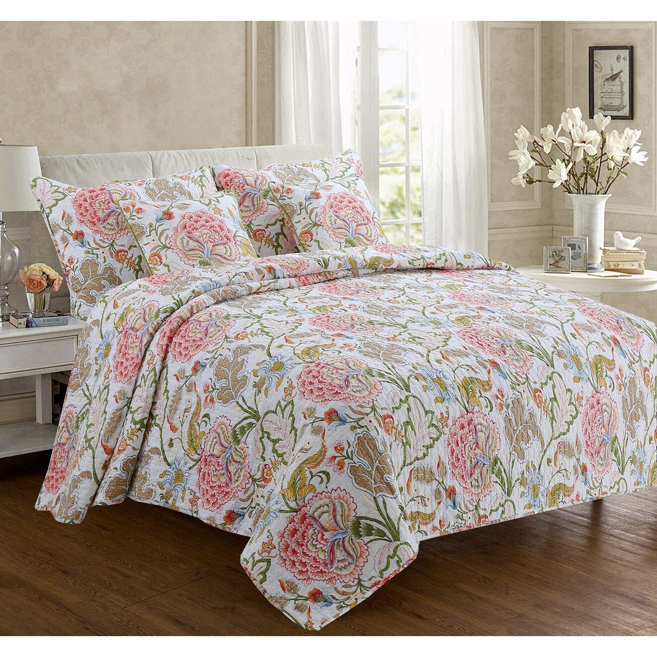 Coverlet Bedspread Lowe Floral Reversible 100%Cotton 3-Piece Quilt Set 