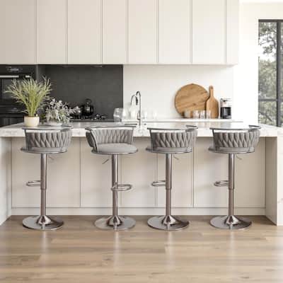 Velvet Upholstered Adjustable Bar Stool Swivel Counter Chair Set of 2