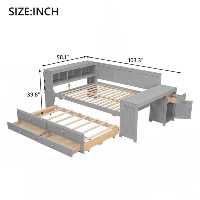 Full Size Daybed with Storage Shelves,Drawers,Trundle,Charging Station,LED Light