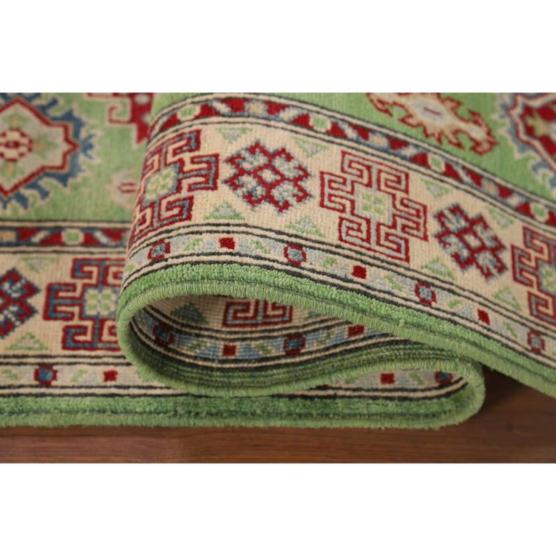 Light Green Kazak Oriental Runner Rug Hand-Knotted Wool Carpet - 2'9" x 9'7"