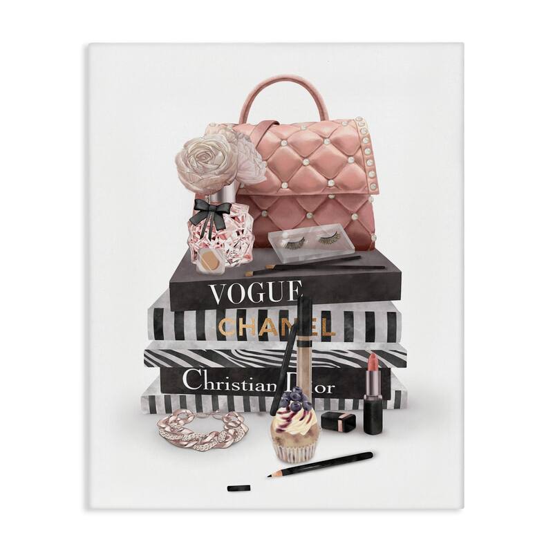 Stupell Fashion Bookstack Purse Perfume Pink Glam Design Canvas Wall Art - 24 x 30