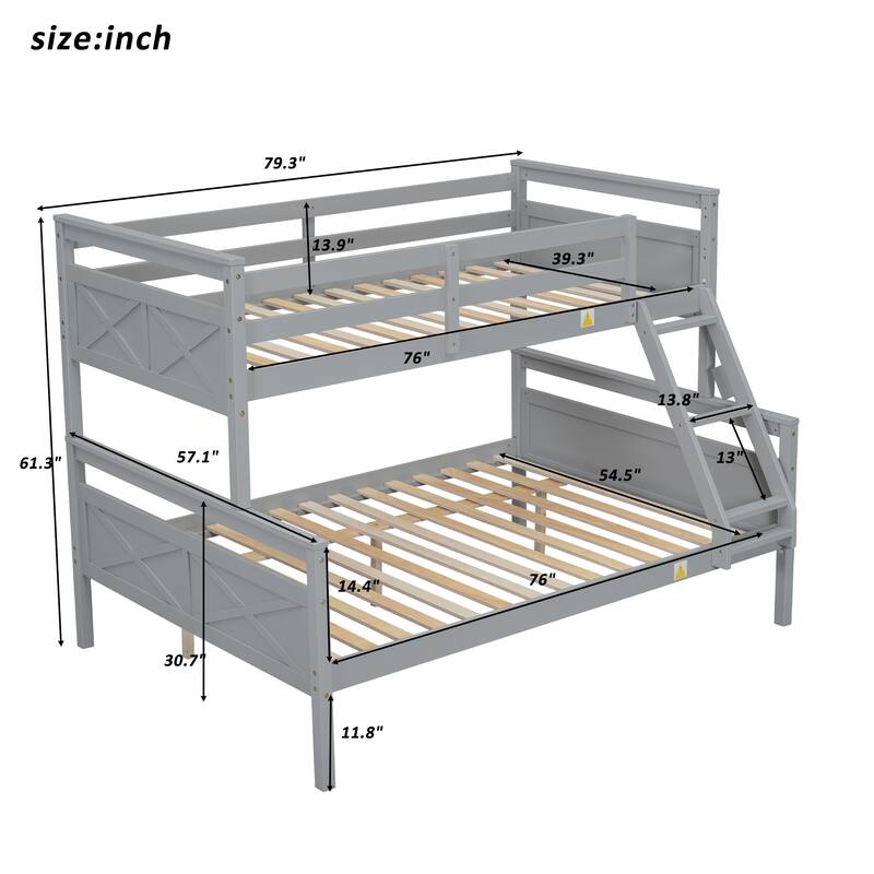 Space-Saving Twin Over Full Bunk Bed with Ladder and Safety Guardrail, Gray