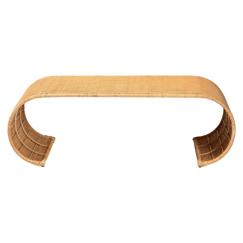 Palm Waterfall Natural Rattan Coffee Table - Handwoven Wicker Centerpiece with Curved Silhouette, Boho Coastal Style