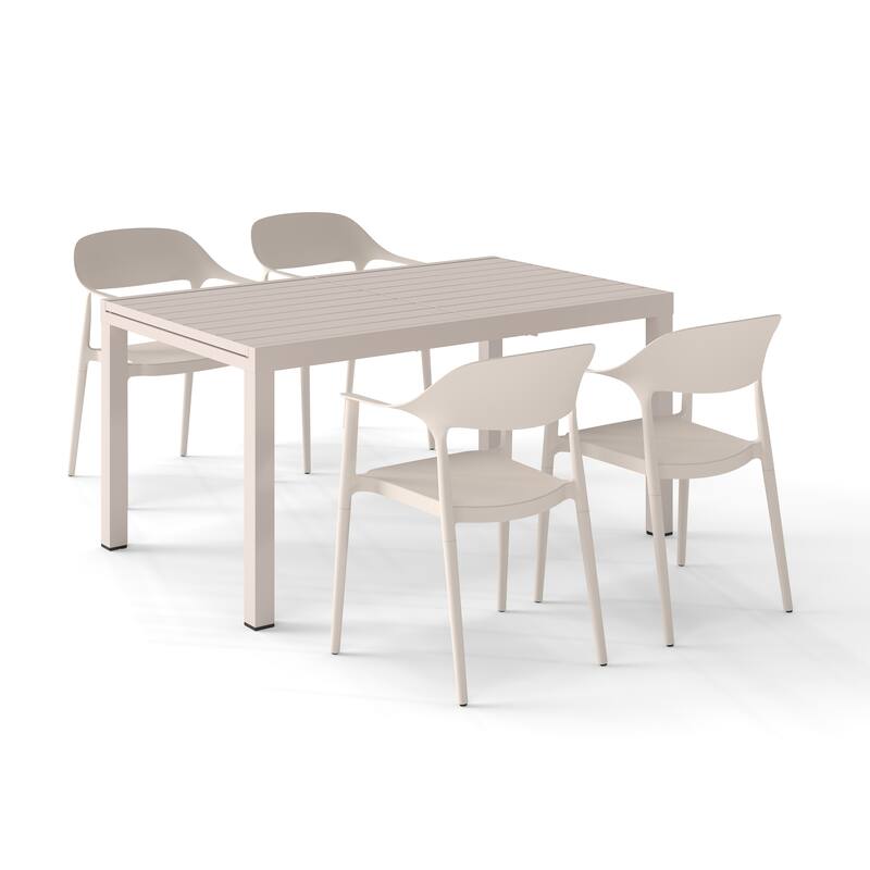 Outdoor Dining Set 5-Piece Stackable Plastic Lightweight Curved Backrest Armchair and Extendable Dining Table