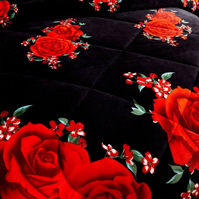 3-Piece Floral Printed Sherpa-Backing Reversible Comforter Set