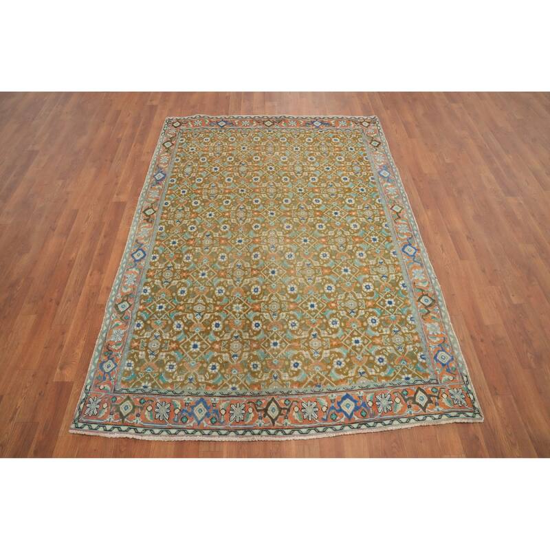 Hand Knotted Oriental 100% Wool Carpet Traditional Floral Green Tabriz Area Rug - 6' 8'' X 4' 10''